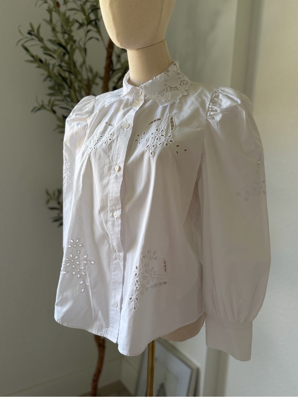 Zara White Eyelet Button-Down Blouse with Lace Collar